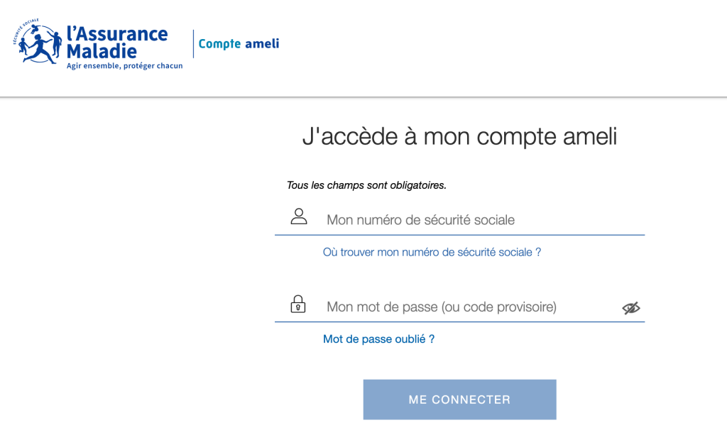 Capture de l'écran de connexion sur la plateforme Ameli