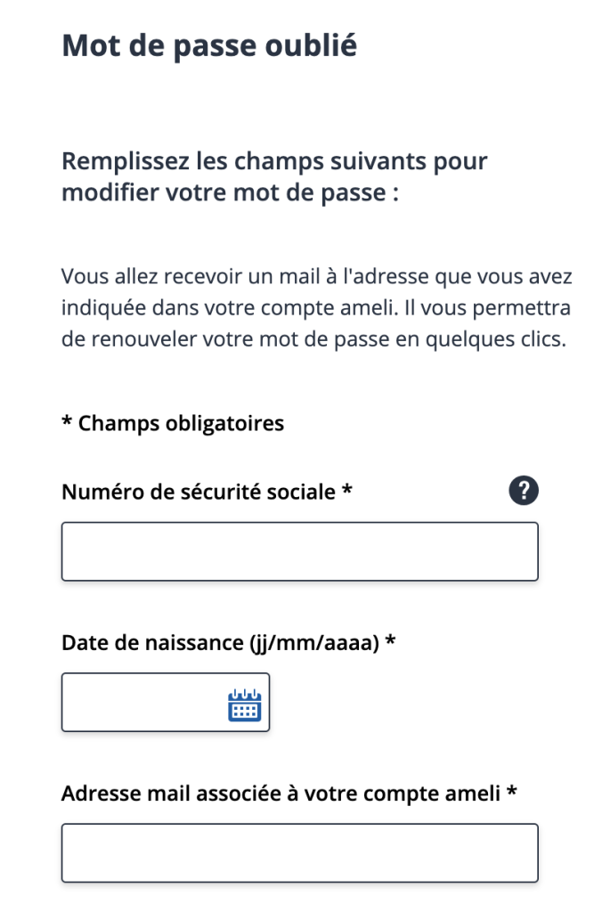 Capture d'écran de la récupération de mot de passe sur la plateforme Ameli