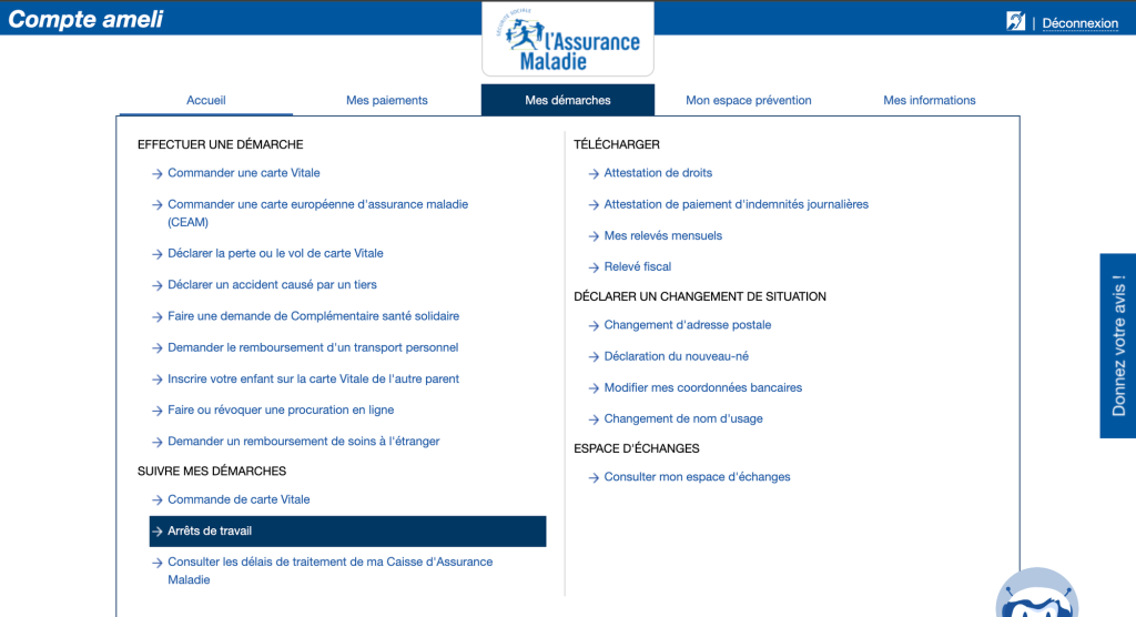 Capture d'écran de Déclaration de l'arrêt de travail sur la plateforme Ameli